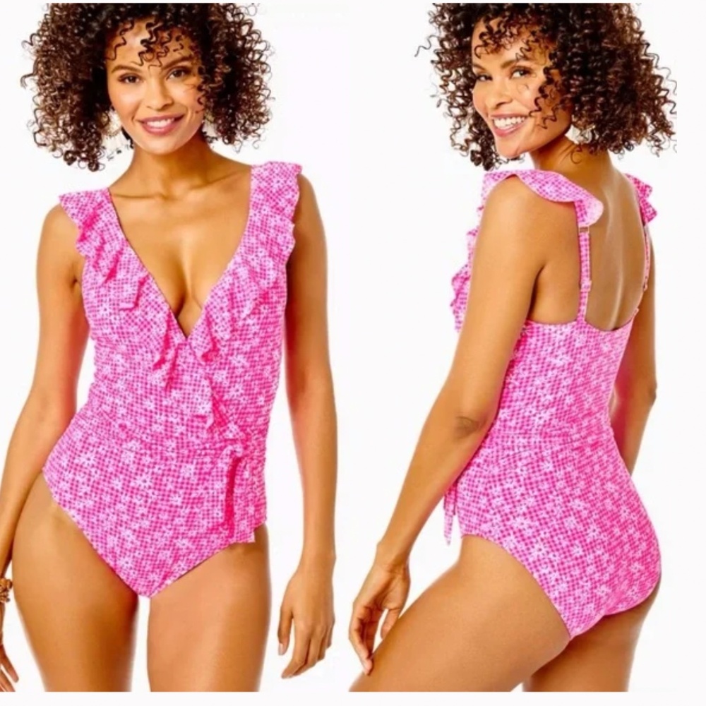 Lilly Pulitzer Delphie One Piece Bathing Suit Swim Pink/White Size 14